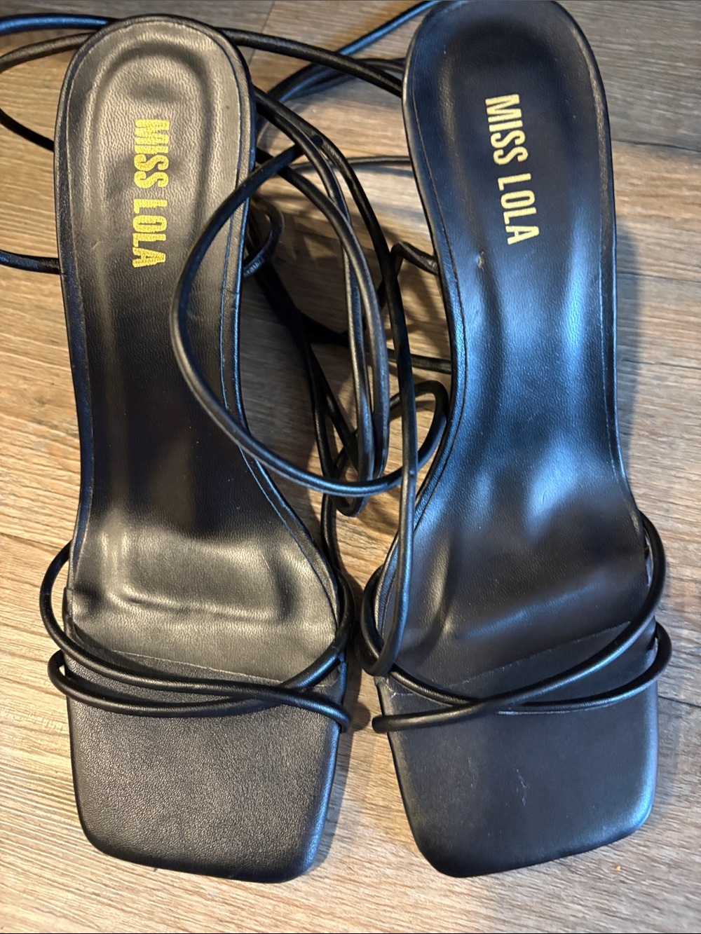 Miss Lola Black Square-Toe Wrap Strap Heeled Sandals